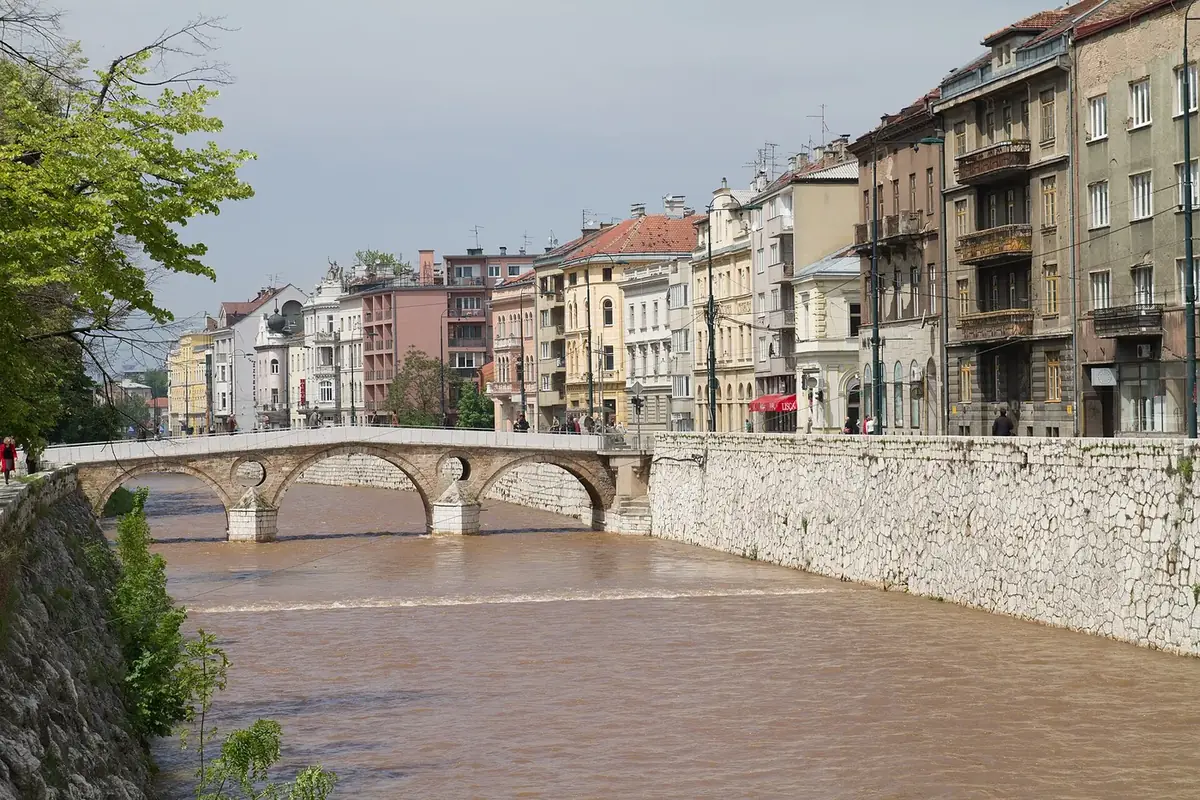 The Latin Bridge in Sarajevo, an old stone bridge with round openings over the Miljacka river
