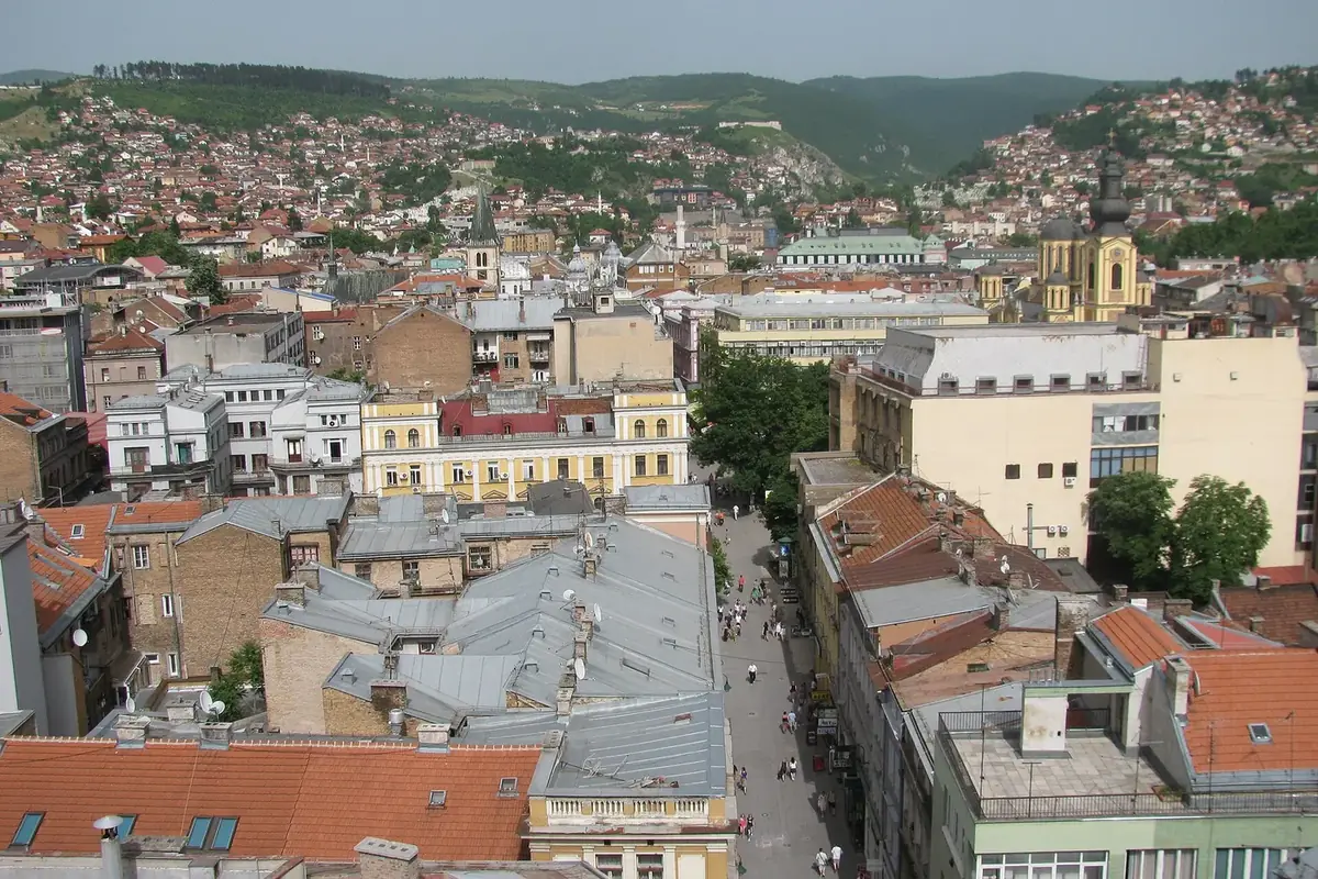 Rooftops of central Sarajevo and the Ferhadija walking street, seen from above