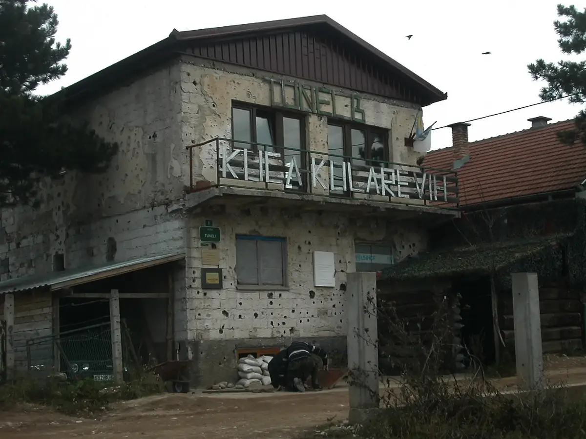 The war-damaged house at Tuneli 1 in Butmir, over the Butmir entrance of the Sarajevo tunnel
